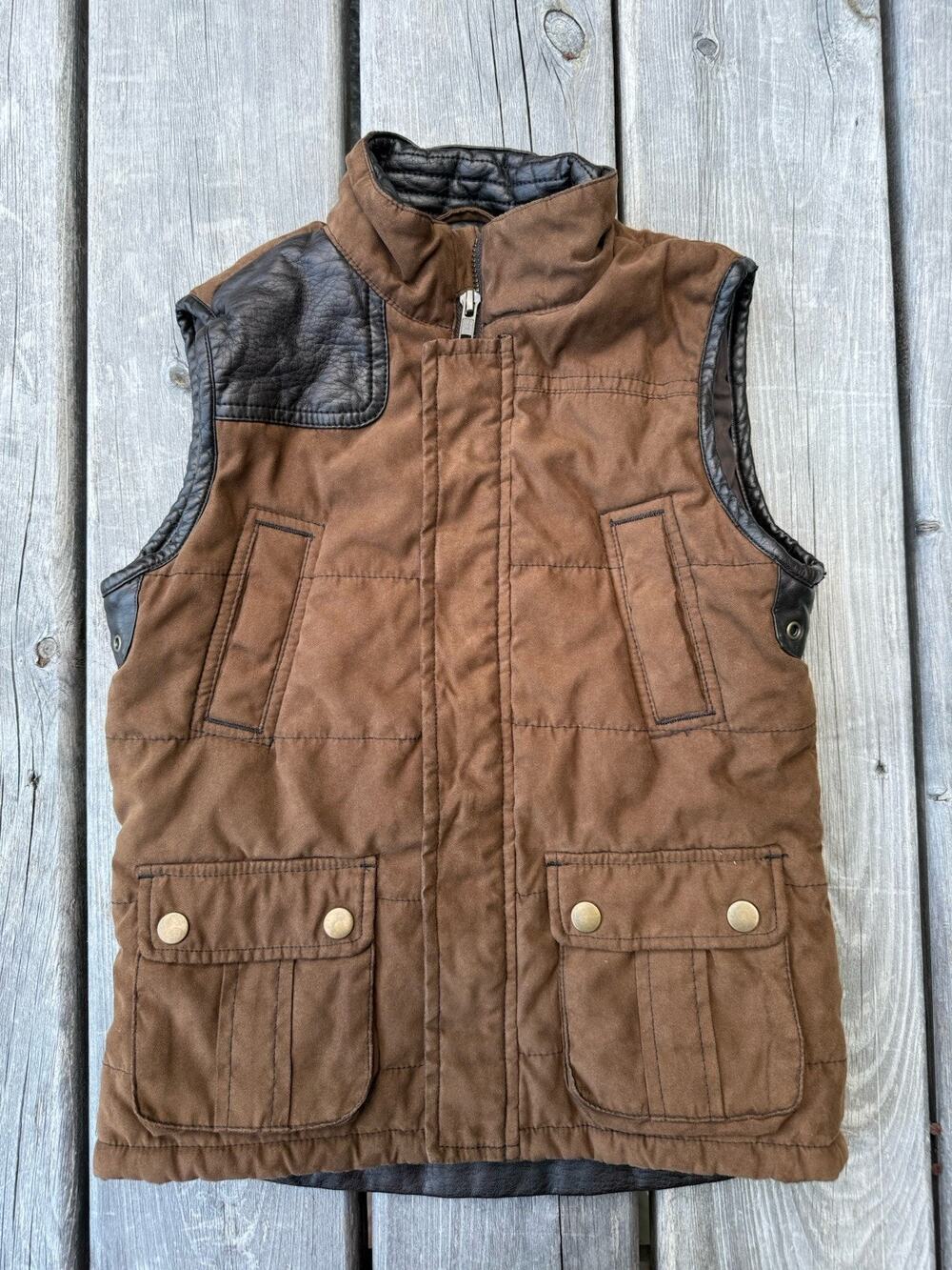 Class Club Boys Brown Zip Vest 6/7 Lined Pockets Canvas Polyester Solid
